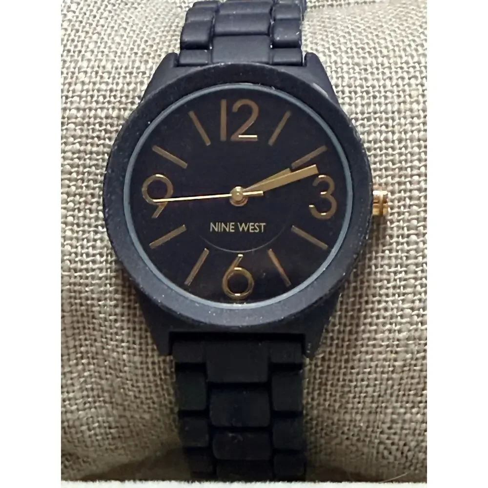 Nine West Black Rubber Bracelet Watch Gold Tone New Battery